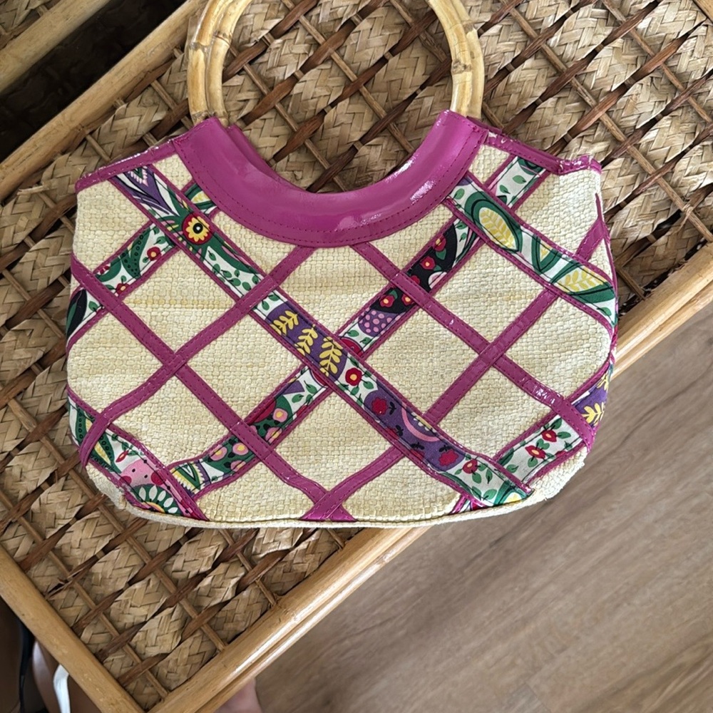 Vera Bradley Pink and Cream Tote with Bamboo Handle